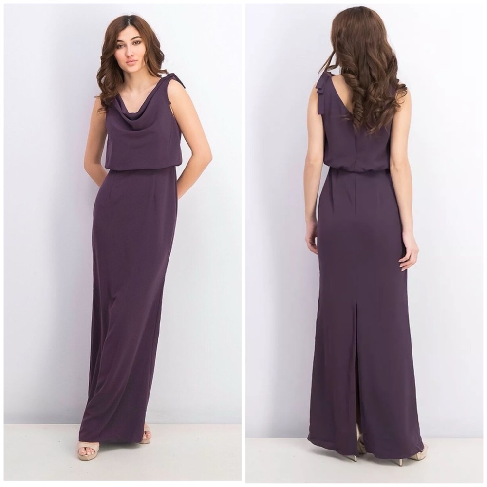 NWT Purple Adrianna Papell Cowl-Neck Crepe Gown, Sz 14
